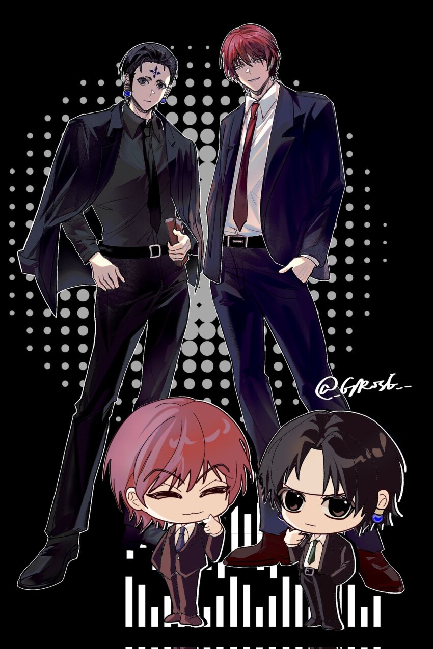 2boys :3 belt black_background black_belt black_hair black_jacket black_necktie black_pants black_shirt black_shoes blue_jacket blue_pants book brown_shoes chibi chibi_inset chrollo_lucilfer closed_eyes closed_mouth collared_shirt earrings facial_mark forehead_mark full_body grose hair_between_eyes hand_in_pocket highres hisoka_morow holding holding_book hunter_x_hunter jacket jacket_on_shoulders jewelry male_focus multiple_boys necktie pants parted_lips red_hair red_necktie shirt shoes short_hair suit_jacket twitter_username white_shirt