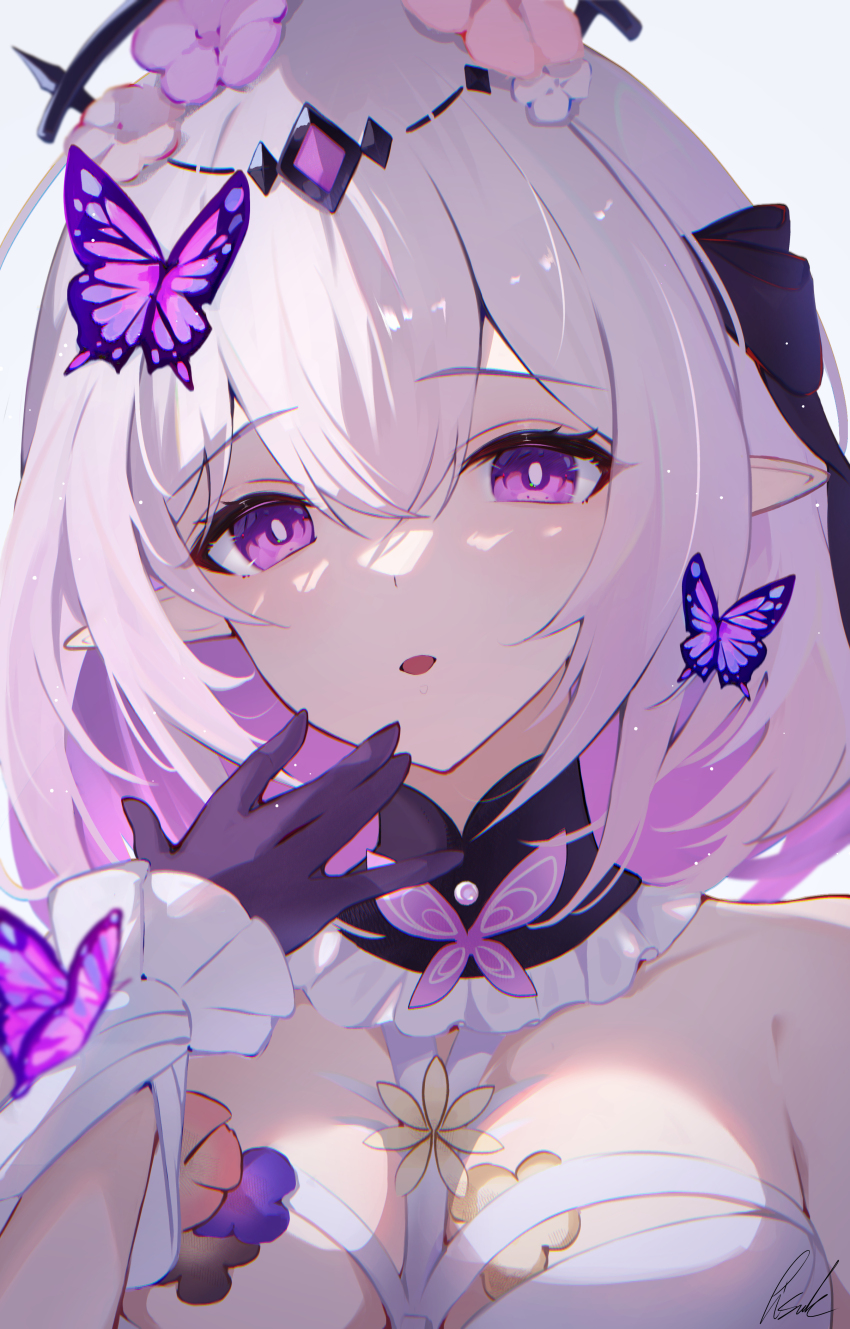 1girl absurdres bare_shoulders black_tiara breasts bug butterfly castorice_(honkai:_star_rail) dress flower gloves hair_ornament highres honkai:_star_rail honkai_(series) insect long_hair looking_at_viewer parted_lips pisuke_(user_kcmh2774) pointy_ears purple_eyes purple_gloves purple_hair solo tiara white_dress