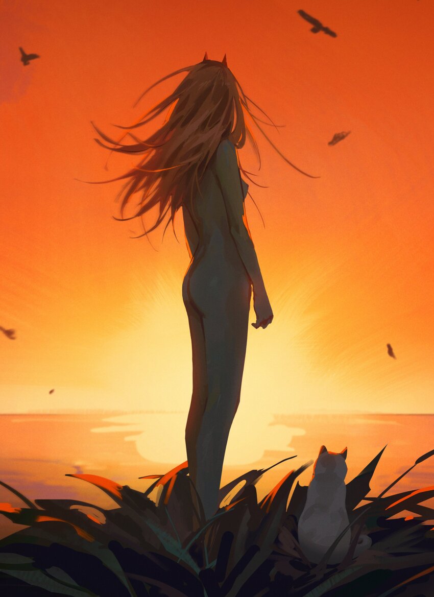 1girl absurdres ass bird breasts cat chainsaw_man demon_girl demon_horns evening highres horns long_hair meowy_(chainsaw_man) nipples orange_hair orange_sky power_(chainsaw_man) red_horns sky small_breasts standing sunset uqi32