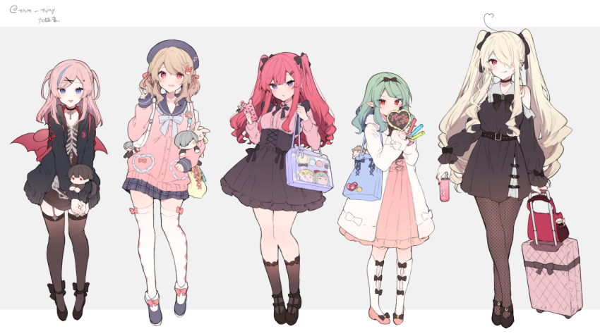 5girls anna_(ikeuchi_tanuma) bag bare_shoulders beret black_dress black_footwear black_headwear black_jacket black_sailor_collar black_shirt black_skirt blonde_hair blue_eyes boots brown_hair brown_pantyhose brown_socks brown_thighhighs cellphone character_doll closed_mouth doll dress edel_(ikeuchi_tanuma) fishnet_pantyhose fishnets glowstick green_hair hair_ornament hair_over_one_eye hairclip hands_up hat heart high-waist_skirt highres holding holding_phone ikeuchi_tanuma jacket long_hair long_sleeves multicolored_hair multiple_girls open_clothes open_jacket open_mouth original pantyhose phone pink_hair pink_jacket pink_shoes pink_skirt pleated_skirt pointy_ears puffy_long_sleeves puffy_sleeves purple_hair rabbit_hair_ornament red_eyes red_hair rije_(ikeuchi_tanuma) rolling_suitcase rosette_(ikeuchi_tanuma) sailor_collar school_uniform serafuku shirt shoes shoulder_bag simple_background skirt sleeves_past_wrists smile socks streaked_hair suitcase swept_bangs thighhighs tino_(ikeuchi_tanuma) tongue tongue_out twintails two_side_up v very_long_hair white_background white_footwear white_jacket white_thighhighs x_hair_ornament