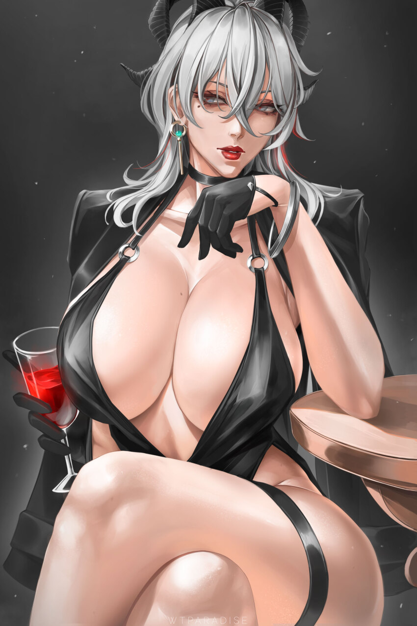 1girl absurdres alternate_breast_size alternate_costume black_dress black_eyes black_gloves black_horns black_jacket breasts commentary crossed_legs cup curled_horns dress drinking_glass earrings evening_gown gloves grey_hair hair_between_eyes hand_up highres holding holding_cup horns huge_breasts jacket jacket_on_shoulders jewelry key_earrings looking_at_viewer medium_hair mole mole_under_eye paid_reward_available parted_lips red_lips red_pupils sitting solo thigh_strap wtparadise wuthering_waves zani_(wuthering_waves)