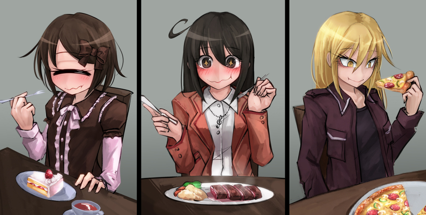 +_+ 3girls :t ^_^ black_hair blonde_hair blush bow brown_bow brown_eyes brown_hair cake closed_eyes cup cyclops eating closed_eyes food fork grey_background hair_between_eyes hair_bow highres hitomebore holding holding_fork holding_knife knife long_hair multiple_girls one-eyed pizza plate ray-k sadokawa_rui short_hair simple_background smile strawberry_shortcake tea teacup tsunemi_akemi usui_sachi wavy_mouth yellow_eyes