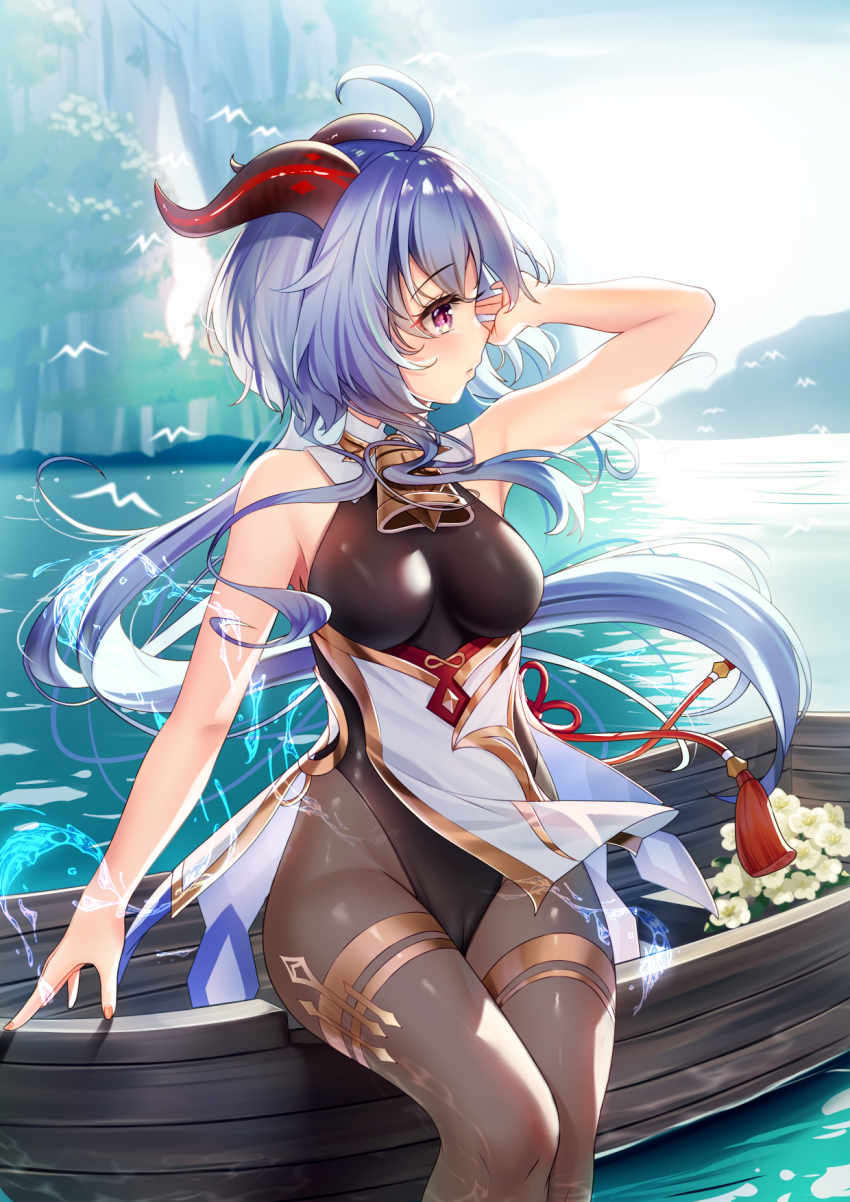 1girl ahoge arm_up bare_shoulders bell bird black_leotard blue_hair breasts cameltoe canoe chinese_knot flower flower_knot ganyu_(genshin_impact) genshin_impact goat_horns gold_trim highres horns jewelry leotard long_hair looking_to_the_side medium_breasts neck_bell outdoors pantyhose purple_eyes qingxin_flower sidelocks sitting solo tassel thighlet thighs waist_cape water white_flower yan_(nicknikg)