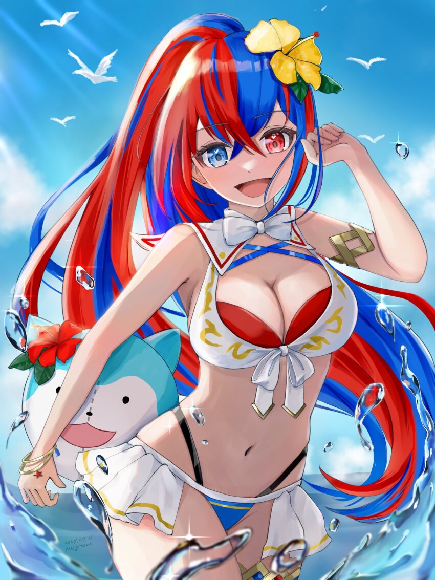 1girl bikini blue_bikini blue_eyes blue_hair blue_sky breasts character_ball cleavage commentary_request criss-cross_halter crossed_bangs female_alear_(fire_emblem) female_alear_(seaside_dragon)_(fire_emblem) fire_emblem fire_emblem_engage fire_emblem_heroes flower gold_armlet gold_thighlet hair_flower hair_ornament halterneck heterochromia high_ponytail highres long_hair mugitoro_(dsfv2277) multicolored_bikini multicolored_hair multicolored_swimsuit navel nintendo official_alternate_costume official_alternate_hairstyle open_mouth ponytail red_bikini red_eyes red_flower red_hair showgirl_skirt sky sommie_(fire_emblem) split-color_hair swimsuit two-tone_hair very_long_hair water white_bikini yellow_flower