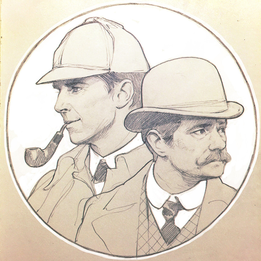 2boys benedict_cumberbatch bowler_hat calabash_pipe deerstalker facial_hair graphite_(medium) hat highres ilya_kuvshinov john_hamish_watson john_watson male_focus martin_freeman monochrome multiple_boys mustache necktie sherlock_(bbc) sherlock_holmes sherlock_holmes_(sherlock) traditional_media