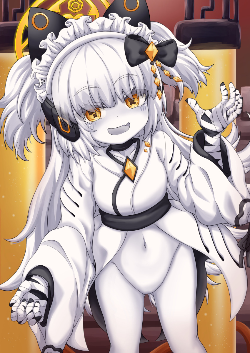 1girl absurdres babaaru blue_archive bottomless breasts colored_skin corruption dark_persona decagrammaton_(blue_archive) gluteal_fold hair_ornament halo highres loli long_hair looking_at_viewer maid maid_headdress navel no_pussy open_mouth shizuko_(blue_archive) small_breasts smile solo symbol-shaped_pupils very_long_hair wa_maid white_hair white_skin white_tongue x-shaped_pupils yellow_eyes
