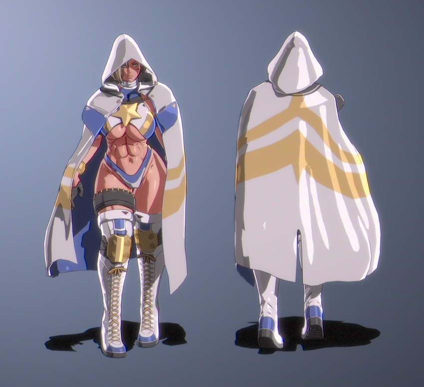 1girl 2022 3d abs alternate_costume arm_at_side bare_shoulders bikini black_gloves blonde_hair blue_background blue_bikini blue_eyes blue_trim boots bracelet cloak closed_mouth commentary contrapposto dark_skin elbow_pads eromancer facial_mark female_focus gloves gradient_background groin half_gloves halterneck highres hood hood_up hooded_cloak jewelry knee_pads lace-up_boots legs_apart lips looking_at_viewer multicolored_boots multiple_views muscular muscular_female muscular_legs navel official_art open_hand pure_onyx reference_sheet second-party_source semira_(pure_onyx) serious shiny_skin short_hair simple_background standing star_(symbol) swept_bangs swimsuit thick_thighs thighlet thighs turnaround two- two-tone_boots white_bikini white_cloak wrestling_outfit xxoom