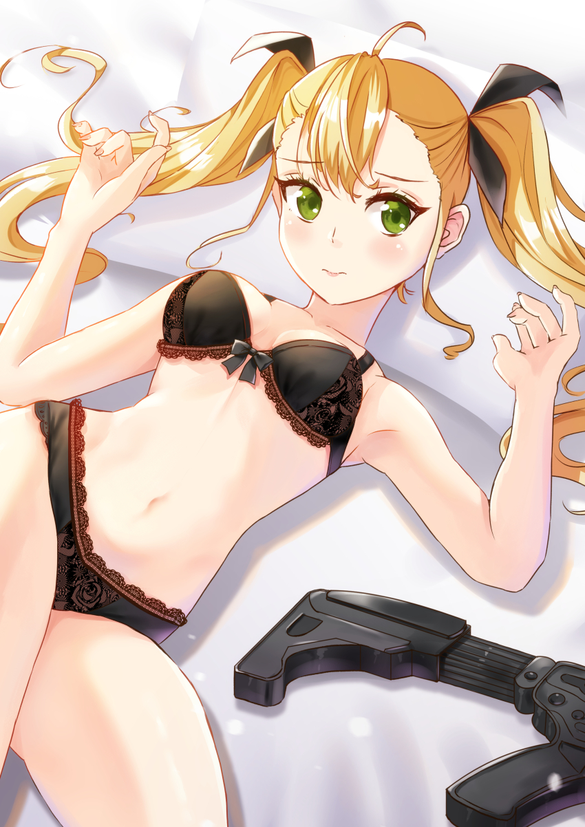 1girl absurdres ahoge assault_rifle bare_arms bare_shoulders bed_sheet black_bra black_panties black_ribbon blonde_hair bow bow_bra bra breasts collarbone commentary_request commission green_eyes gun hair_ribbon hands_up highres holmemee kaijuu_no._8 lace lace-trimmed_bra lace-trimmed_panties lace_trim long_hair looking_at_viewer medium_breasts navel panties pillow pixiv_commission ribbon rifle shinomiya_kikoru sig_mcx solo twintails underwear underwear_only very_long_hair weapon weapon_request
