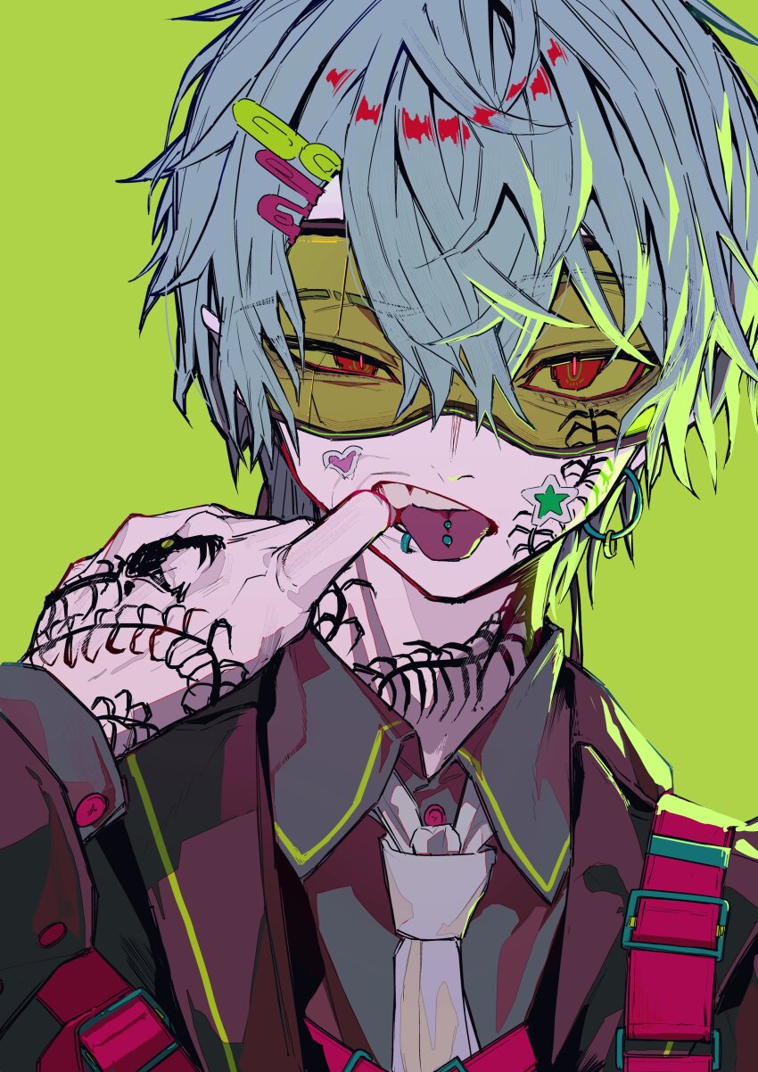1boy absurdres arm_tattoo belt earrings face_piercing facial_tattoo green_background grey_hair grey_shirt hair_between_eyes hair_ornament hairclip highres jacket jewelry male_focus mouth_piercing neck_tattoo open_mouth original piercing rectangular_eyewear red_eyes red_jacket red_pupils safety_glasses shirt short_hair simple_background slit_pupils solo sticker_on_face tattoo teeth tongue tongue_out tongue_piercing tosiyu3617 upper_body upper_teeth_only