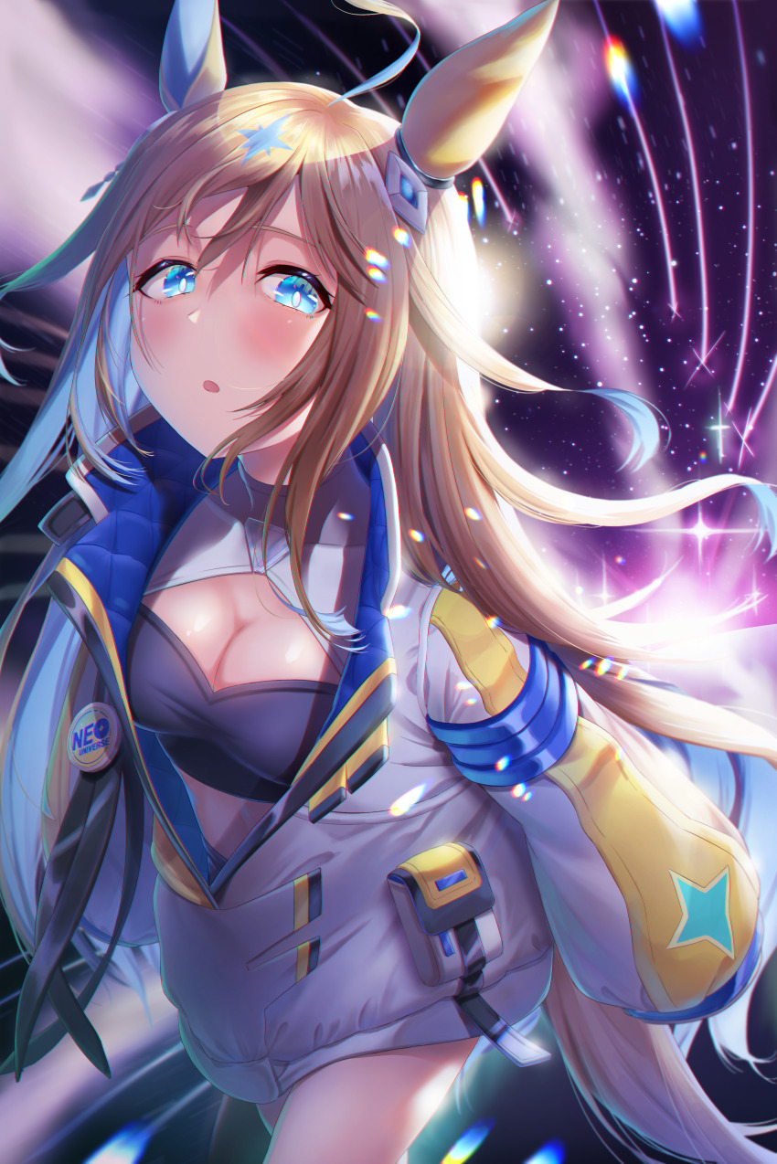 1girl :o absurdres ahoge animal_ears arms_at_sides badge blonde_hair blue_eyes blush breasts button_badge cleavage cleavage_cutout clothing_cutout coat colored_inner_hair commentary_request cowboy_shot crop_top hair_between_eyes highres horse_ears horse_girl horse_tail long_hair looking_at_viewer looking_up multicolored_hair neo_universe_(umamusume) open_mouth reo-illust4696 shirt sleeves_past_fingers sleeves_past_wrists small_breasts solo space standing star_(sky) tail umamusume white_coat