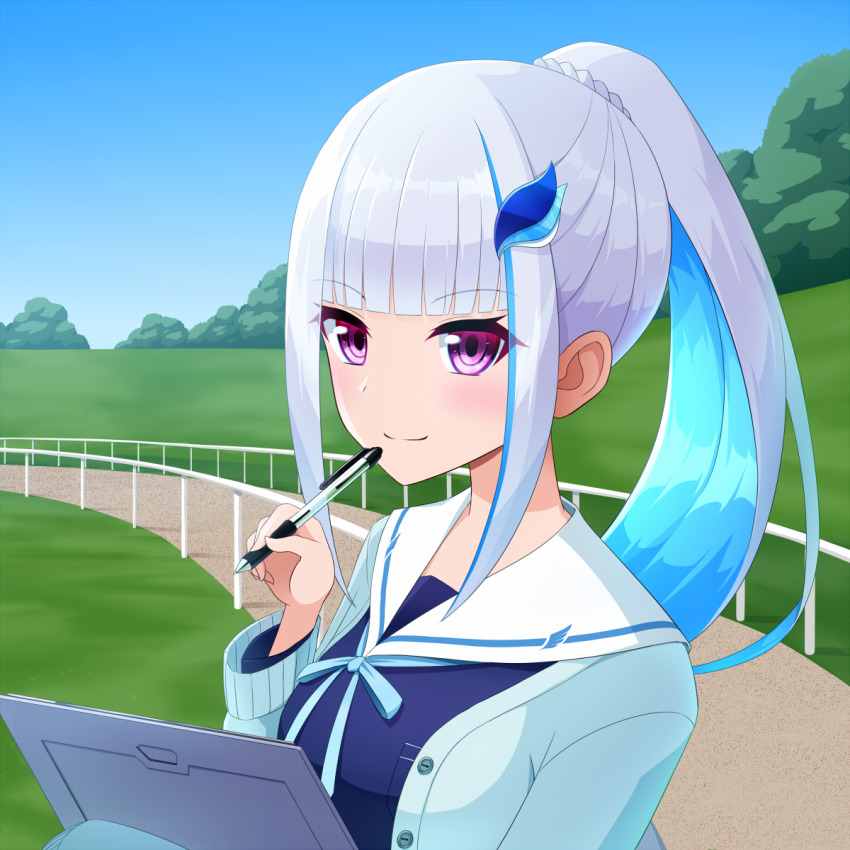 1girl aqua_cardigan blue_cardigan blue_shirt blunt_bangs blush cardigan clipboard colored_inner_hair hair_ornament highres lize_helesta lize_helesta_(4th_costume) long_hair long_sleeves looking_at_viewer multicolored_hair nijisanji open_cardigan open_clothes pen ponytail ponytail_with_braided_base purple_eyes ribbon sailor_collar school_uniform serafuku shirt simple_background smile solo tigla two-tone_hair virtual_youtuber white_hair white_sailor_collar