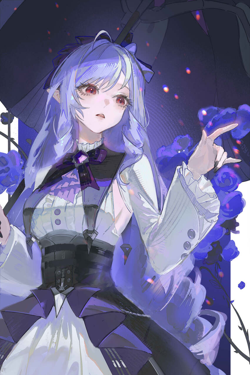 1girl absurdres ascot black_skirt bow bowtie brooch clothing_cutout eyelashes high-waist_skirt highres jewelry long_hair long_sleeves mole mole_under_eye open_mouth purple_ascot purple_bow purple_bowtie purple_hair red_eyes shirt skirt solo very_long_hair vivian_banshee white_shirt yutou_(yutou75) zenless_zone_zero