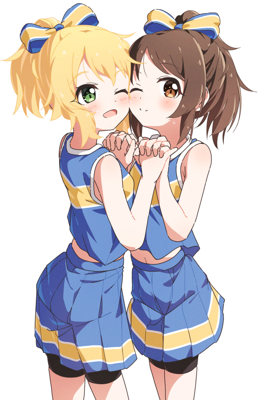 2girls bare_arms bare_shoulders bike_shorts_under_skirt blonde_hair blue_shirt blue_skirt blush bow breasts brown_eyes brown_hair cheek-to-cheek cheerleader closed_mouth commentary_request cowboy_shot green_eyes hair_bow heads_together highres holding_hands idolmaster idolmaster_cinderella_girls interlocked_fingers matching_hairstyle midriff_peek multiple_girls one_eye_closed open_mouth pleated_skirt ponytail sakurai_momoka shirt simple_background skirt sleeveless sleeveless_shirt small_breasts smile standing tachibana_arisu white_background yairo_ju yellow_bow