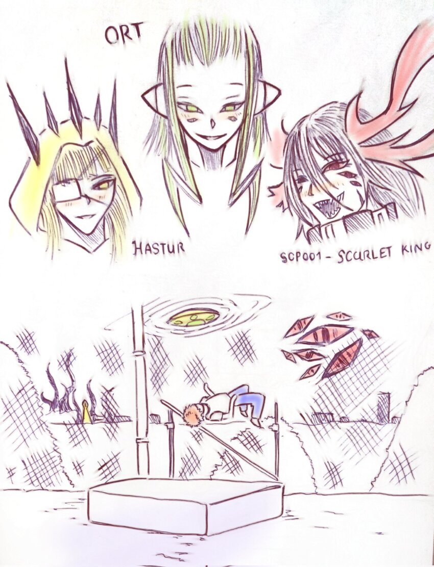 1boy 3girls alien black_hair blonde_hair blush colored_eyelashes crown_of_thorns cthulhu_mythos demon_horns emiya_shirou extra_eyes fate/grand_order fate/stay_night fate_(series) genderswap genderswap_(mtf) green_eyes green_hair grin hastur highres hood horns huge_horns long_hair longlere multiple_girls orange_hair ort_(type-moon) raglan_sleeves red_eyes red_hair robe scarlet_king_(scp) scp_foundation sharp_teeth short_hair smile teeth tentacles tsukihime type-moon white_eyelashes yellow_cloak yellow_eyes yellow_robe