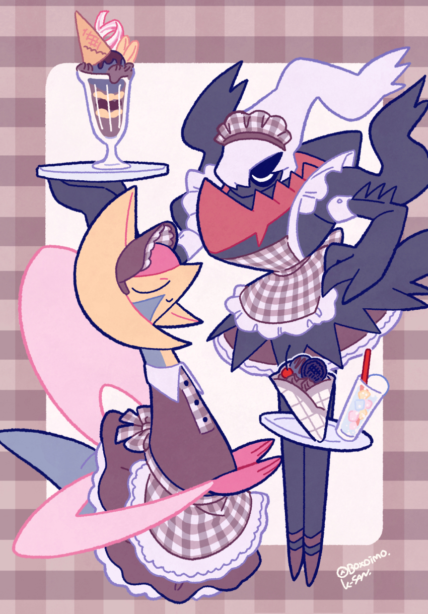 apron boxoimo brown_dress brown_footwear closed_eyes commentary_request cresselia darkrai dress drinking_straw food full_body gen_4_pokemon hand_on_own_hip highres holding holding_tray ice_cream ice_cream_cone ice_cream_float legendary_pokemon maid maid_apron maid_headdress mythical_pokemon nintendo no_humans parfait partial_commentary plaid_apron plaid_clothes pokemon pokemon_(creature) telekinesis tray twitter_username variant_set