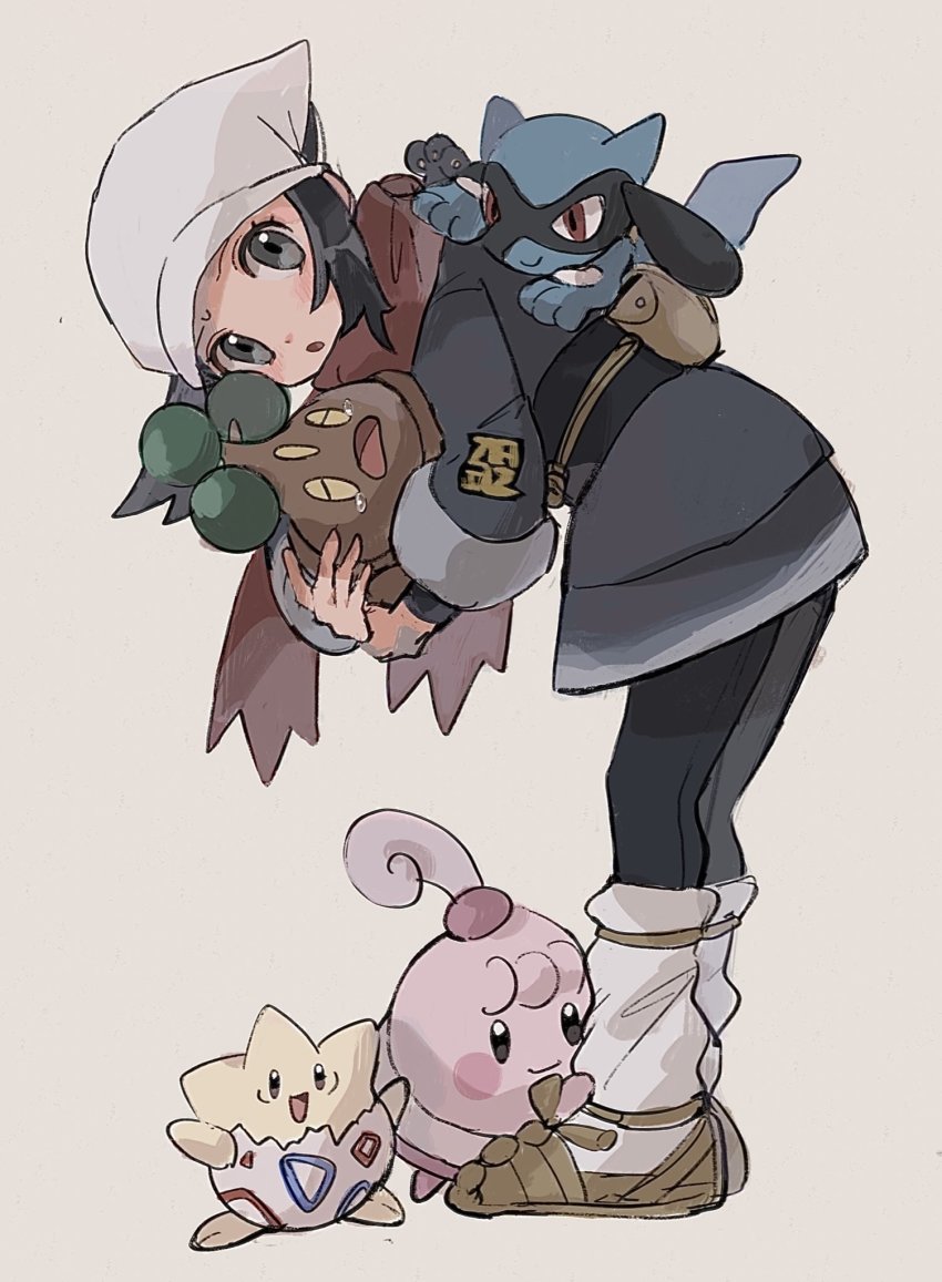 1girl :o akari_(pokemon) anzu_(01010611) bent_over black_hair black_pantyhose black_shirt blush bonsly brown_footwear commentary eyelashes gen_2_pokemon gen_4_pokemon grey_eyes grey_jacket grey_skirt happiny headscarf highres jacket logo long_hair loose_socks nintendo pantyhose pokemon pokemon_(creature) pokemon_legends:_arceus ponytail riolu shirt shoes sidelocks skirt socks togepi white_headscarf white_headwear white_pantyhose