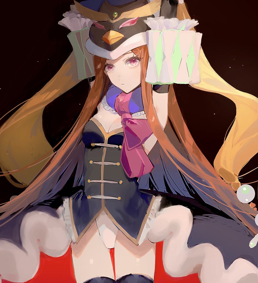1girl armband arms_up bad_id bad_twitter_id black_gloves black_skirt blue_neckwear brown_hair closed_mouth elbow_gloves frilled_armband frills gloves hat highres leotard long_hair looking_at_viewer mawaru_penguindrum nima_(nimamann) penguin_hat pink_eyes pink_ribbon princess_of_the_crystal ribbon simple_background skirt solo white_leotard
