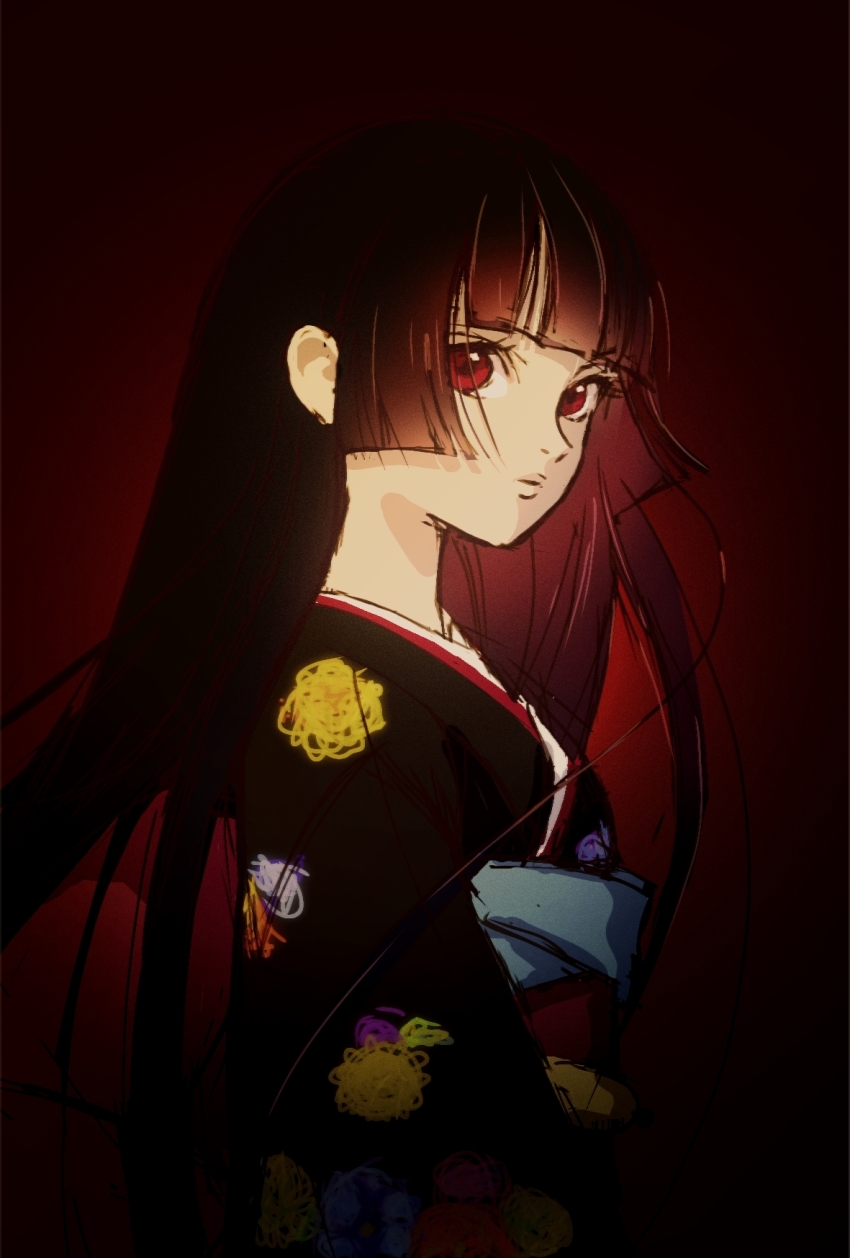 1girl black_hair commentary_request enma_ai expressionless highres hime_cut japanese_clothes jigoku_shoujo kimono long_hair looking_at_viewer miromari red_background red_eyes sketch solo upper_body