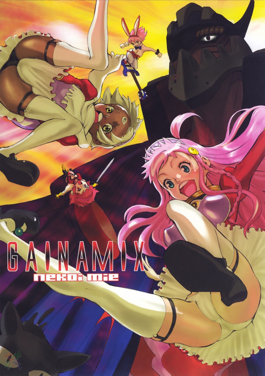 00s 4girls animal_ears ass bass_guitar braid cover cutie_honey cutie_honey_(character) daicon daicon_bunny_girl daicon_iv dark-skinned_female dark_skin dix-neuf fake_animal_ears falling flcl guitar gunbuster haruhara_haruko highres instrument kisaragi_honey lal&#039;c_mellk_mal leotard long_hair magical_girl mecha multiple_girls nekoi_mie nono_(top_wo_nerae_2!) panties pantyhose pantyshot pink_hair playboy_bunny rabbit_ears robot short_hair sunset sword thighhighs toei_animation top_wo_nerae! top_wo_nerae!_(series) top_wo_nerae_2! underwear watermark weapon white_hair