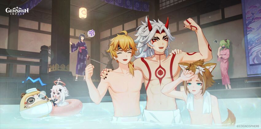 3boys 3girls abs arataki_itto bathing blonde_hair genshin_impact green_hair hair_between_eyes highres horns kujou_sara kuki_shinobu long_hair multicolored_hair multiple_boys multiple_girls oni onsen open_mouth paimon_(genshin_impact) pectorals ponytail red_eyes red_hair red_horns short_hair smile thoma_(genshin_impact) topless_male white_hair