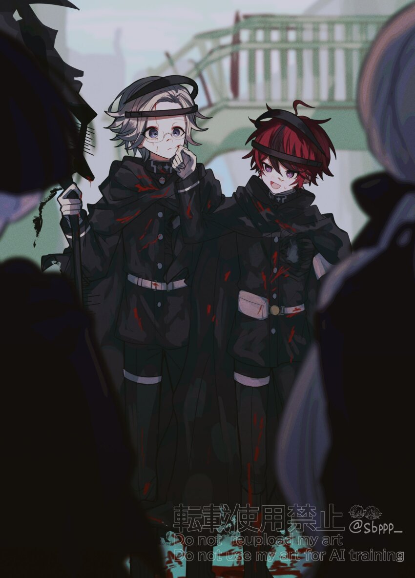 1girl 3boys ahoge aotsuki_eito black_hair black_pants black_shirt blood blood_on_clothes blood_on_face blood_on_ground blood_on_hands bloody_weapon blue_eyes frown glasses gloves grey_hair hair_between_eyes highres kawana_tsubasa last_defense_academy_school_uniform long_hair maruko_gaku messy_hair multicolored_hair multiple_boys open_mouth pants parted_hair purple_eyes red_hair shirt standing streaked_hair sumino_takumi the_hundred_line_-last_defense_academy- weapon white_gloves white_hair