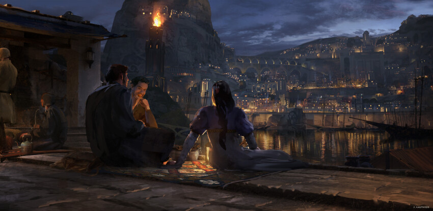 1girl 4boys absurdres arm_support braid bridge city city_lights cobblestone dress fantasy fire from_behind highres laughing mountain multiple_boys night night_sky numenor official_art reflection reflective_water renart rings_of_power river sky teapot tolkien&#039;s_legendarium trireme water_wheel watercraft watermark white_dress