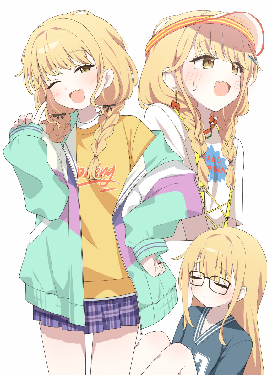 1girl :d absurdres blonde_hair blush braid closed_mouth fang fujita_kotone gakuen_idolmaster glasses green_jacket hagoonha highres idolmaster jacket long_hair long_sleeves miniskirt multiple_views one_eye_closed open_mouth plaid_clothes plaid_skirt pleated_skirt puffy_long_sleeves puffy_sleeves purple_eyes shirt skin_fang skirt smile twin_braids white_background yellow_eyes yellow_shirt