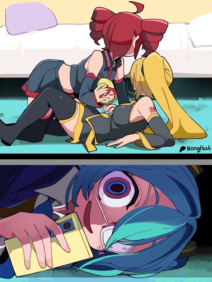 3girls absurdres ahoge arm_tattoo black_boots black_shirt black_skirt blonde_hair blue_eyes blue_jacket blue_necktie bongfill boots caught cellphone detached_sleeves drill_hair eyepatch food fruit grey_shirt grey_skirt hatsune_miku highres holding holding_food holding_fruit holding_phone jacket kagamine_rin kasane_teto medical_eyepatch miniskirt monitoring_(vocaloid) multiple_girls necktie number_tattoo open_mouth pear pearto phone red_hair red_necktie shaded_face shirt side_ponytail skirt sleeveless sleeveless_shirt smartphone staring tattoo thigh_boots twin_drills under_bed utau vocaloid white_shirt yellow_necktie yuri