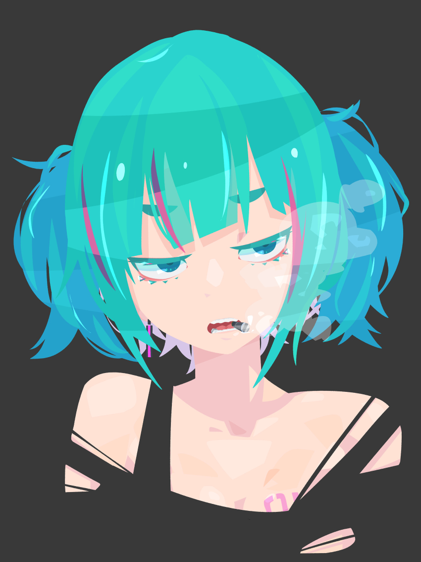 1girl absurdres alternate_hairstyle black_tank_top blending blue_eyes blue_hair blunt_bangs breast_tattoo breasts cigarette commentary_request grey_background half-closed_eyes hara_id_21 hatsune_miku highres no_lineart number_tattoo open_mouth sharp_teeth short_hair simple_background small_breasts smoke smoking solo tank_top tattoo teeth two_side_up upper_body vocaloid