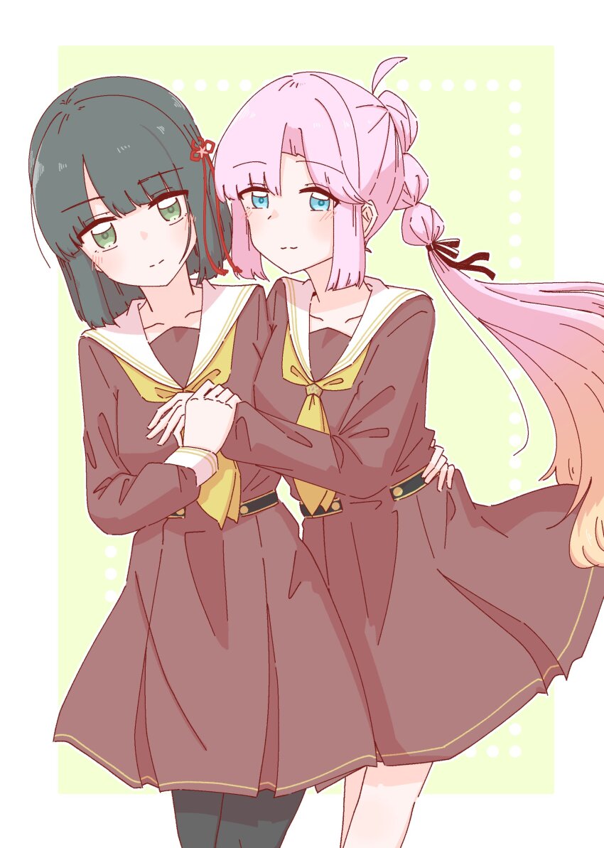 2girls absurdres ahoge anyoji_hime black_hair black_ribbon blunt_bangs blunt_ends blunt_sidelocks blush bob_cut border breasts brown_dress closed_mouth collarbone commentary dress feet_out_of_frame flower flower_knot green_background hair_flower hair_ornament hair_ribbon hand_on_another&#039;s_waist hasu_no_sora_school_uniform highres holding_another&#039;s_wrist link!_like!_love_live! long_hair long_sleeves looking_at_viewer love_live! medium_breasts medium_dress momiji_(moj_0404) momose_ginko multi-tied_hair multiple_girls neckerchief no_jacket outside_border pink_flower pink_hair pleated_dress ponytail ribbon sailor_collar sailor_dress school_uniform short_hair sidelocks simple_background smile split_mouth standing very_long_hair virtual_youtuber white_border white_sailor_collar winter_uniform yellow_neckerchief