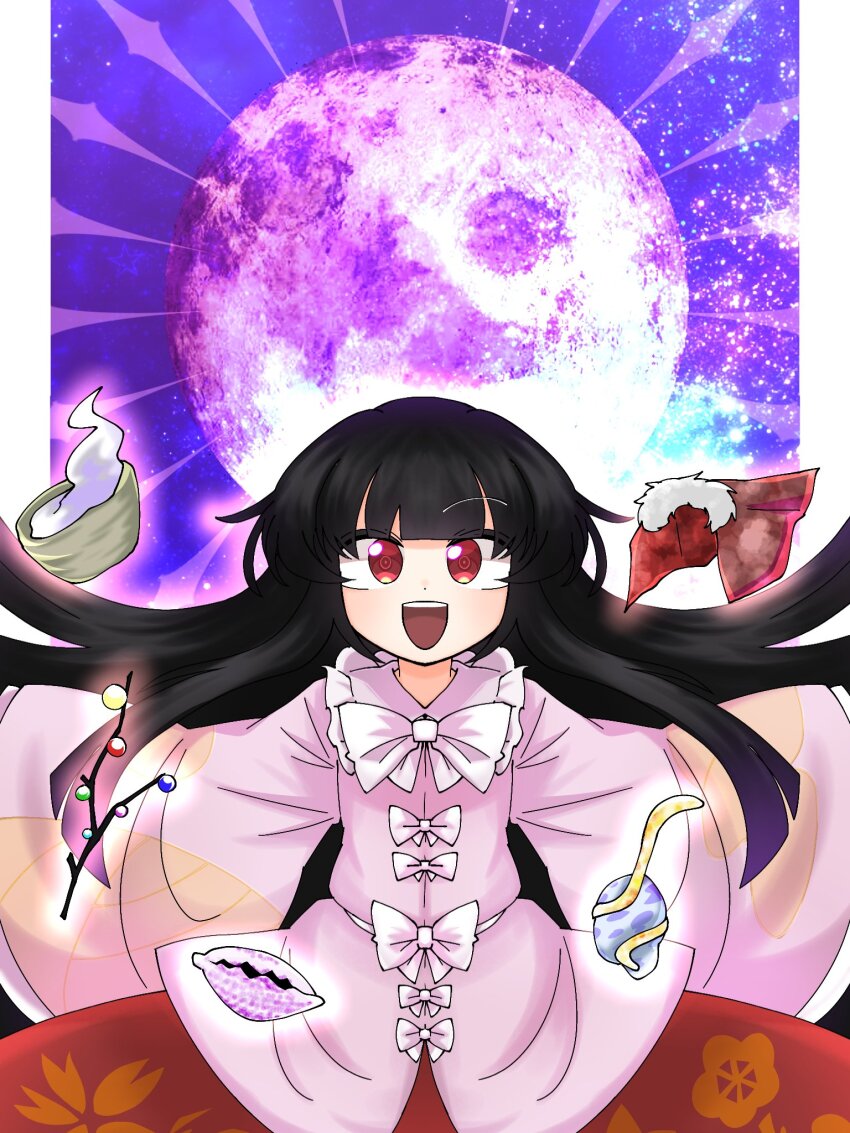 1girl black_hair bow collar frilled_collar frills highres houraisan_kaguya imperishable_night japanese_clothes kimono long_hair long_sleeves moon open_mouth pink_kimono priswocaer red_eyes red_skirt ribbon skirt smile solo touhou very_long_hair wide_sleeves