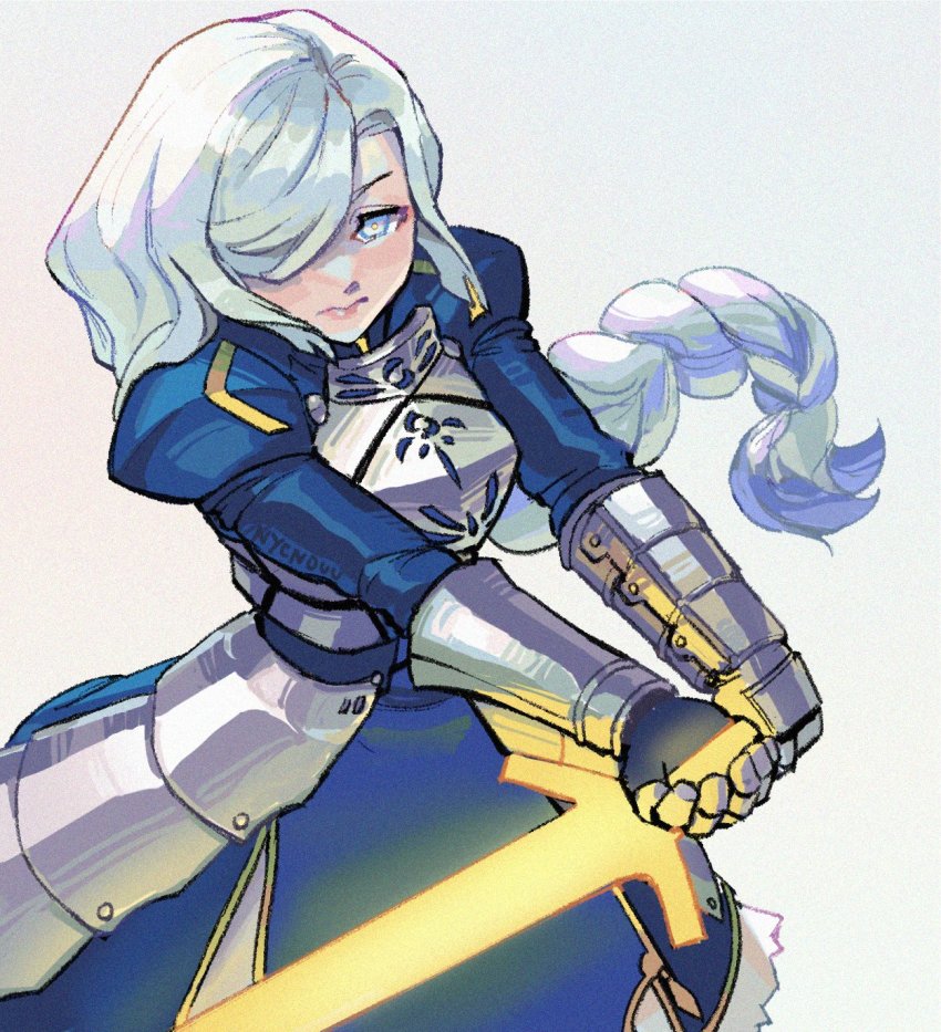 1girl alternate_costume armor armored_dress artoria_pendragon_(fate) blue_dress blue_eyes braid breastplate commentary cosplay dress english_commentary fate/grand_order fate/stay_night fate_(series) gauntlets genshin_impact glowing glowing_sword glowing_weapon hair_over_one_eye highres holding holding_sword holding_weapon juliet_sleeves kawasumi_ayako lips long_hair long_sleeves looking_at_viewer low-braided_long_hair low-tied_long_hair nycnouu one_eye_covered pink_lips puffy_sleeves saber_(fate) saber_(fate)_(cosplay) serious shenhe_(genshin_impact) shirt signature simple_background solo sword very_long_hair voice_actor_connection weapon white_background white_shirt