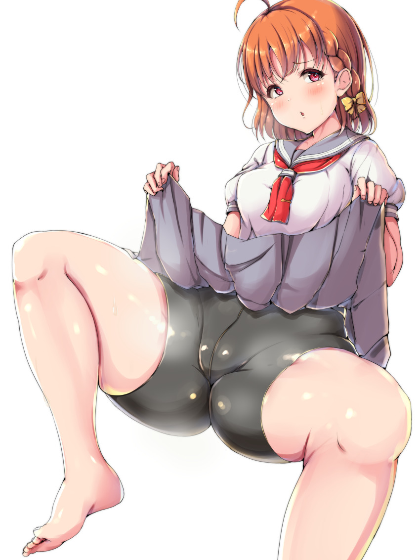 1girl :o absurdres ahoge ass barefoot bike_shorts black_shorts blush braid clothes_lift embarrassed female_focus full_body furrowed_brow gluteal_fold grey_sailor_collar grey_skirt highres lifting_own_clothes looking_at_viewer love_live! love_live!_sunshine!! neckerchief open_mouth orange_hair pleated_skirt red_neckerchief ribbon sailor_collar school_uniform seams serafuku shinonon_(iso_shino) short_hair short_sleeves shorts shorts_under_skirt side_braid simple_background skindentation skirt skirt_lift solo spread_legs takami_chika takami_shima thick_thighs thighs tie_clip uranohoshi_school_uniform white_background yellow_ribbon