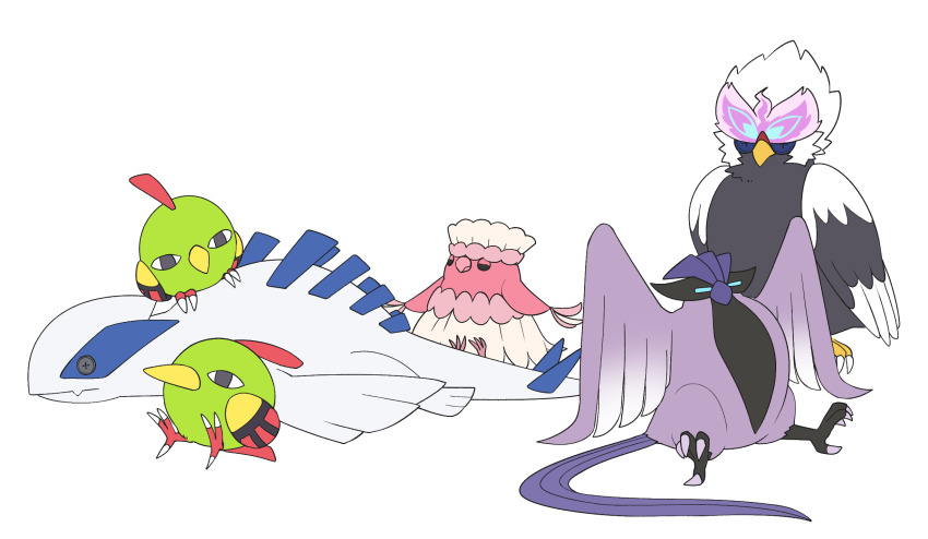 animal_focus bird button_eyes buttons character_doll commentary_request creatures_(company) galarian_articuno galarian_form game_freak gen_2_pokemon gen_7_pokemon gen_8_pokemon grey_eyes hachijuu_suzume highres hisuian_braviary legendary_pokemon lugia natu nintendo oricorio oricorio_(pa&#039;u) pokemon simple_background sitting talons white_background