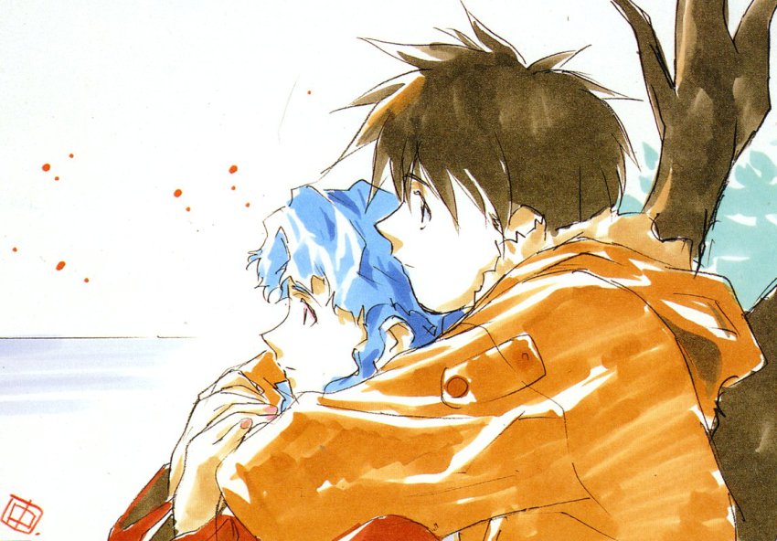 1990s_(style) 1boy 1girl blue_hair couple day el_hazard from_side hetero hug hug_from_behind ifurita mizuhara_makoto nakazawa_kazuto official_art outdoors retro_artstyle