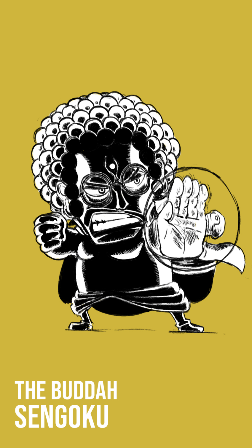 1boy afro angry arms_up blacknirrow cape character_name chibi clenched_hand clenched_teeth english_text fighting_stance forehead forehead_jewel full_body glasses highres legs_apart male_focus monochrome one_piece round_eyewear sengoku_(one_piece) short_hair simple_background sketch solo standing teeth telekinesis v-shaped_eyebrows yellow_background