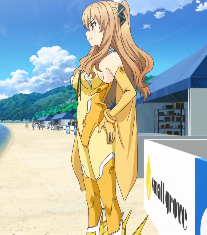 1girl anime_screenshot ao_no_kanata_no_four_rhythm beach blush bodysuit breasts brown_eyes brown_hair cleavage covered_navel from_side hands_on_own_hips highres large_breasts legs long_hair ocean satouin_reiko smile solo stitched thighs third-party_edit twintails water