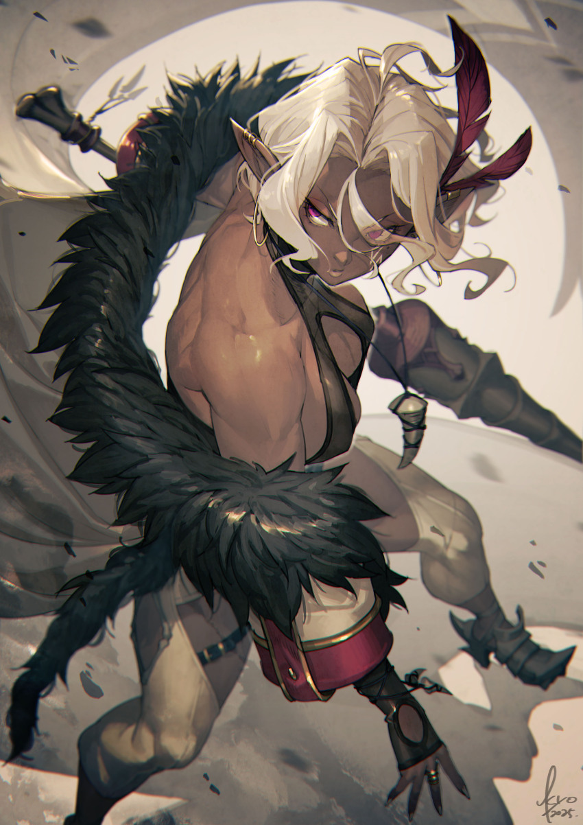 1girl absurdres dark-skinned_female dark_skin feather_hair_ornament feathers from_above full_body fur_trim hair_ornament highres holding holding_pole kyo_(kuroichigo) looking_to_the_side original pointy_ears pole solo standing toned toned_female
