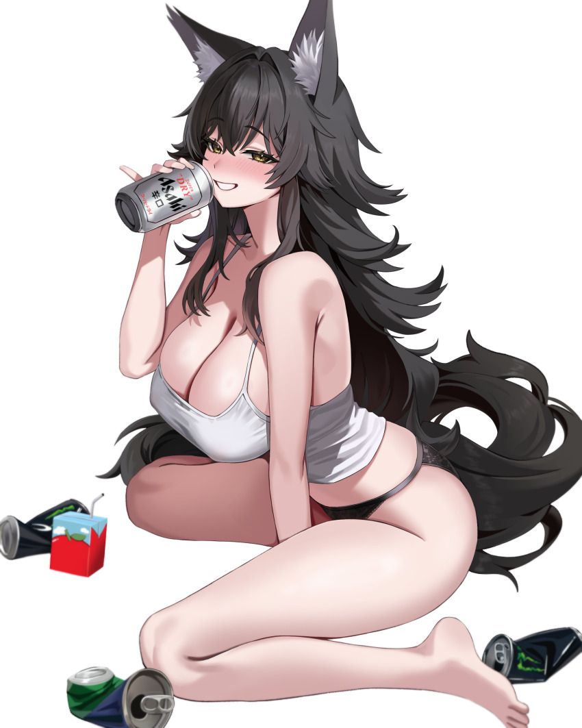 1girl absurdres animal_ears asahi_breweries bare_arms bare_shoulders barefoot beer_can between_legs black_hair black_panties blush breasts camisole can cleavage commission covered_erect_nipples drink_can fox_ears gike grin hand_between_legs hand_up highres juice_box large_breasts long_hair looking_at_viewer no_pants nose_blush original panties shirt sitting sleeveless sleeveless_shirt smile solo spaghetti_strap strap_gap thighs underwear very_long_hair wariza white_background white_shirt yan.c yellow_eyes