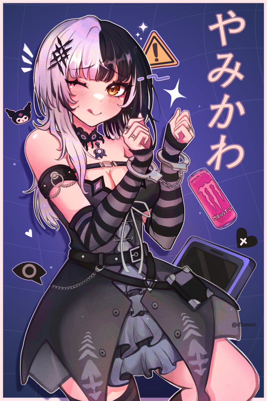 1girl absurdres arm_warmers black_dress black_hair blue_background breasts can cleavage cthuwoo cuffed cuffs dress drink_can handcuffs highres hololive hololive_english jewelry kuromi monster_energy multicolored_hair one_eye_closed orange_eyes ring sanrio shiori_novella shiori_novella_(1st_costume) shiori_novella_(casual) sign solo split-color_hair tablet_pc twitter_username virtual_youtuber warning_sign white_hair