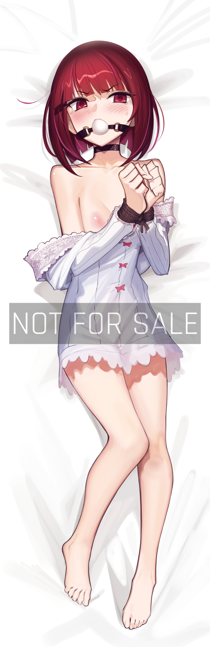 1girl absurdres arima_kana ball_gag bare_shoulders barefoot bdsm blush bob_cut bondage bound bound_wrists breast_slip cad_(caddo) commission female_focus gag gagged highres incredibly_absurdres looking_at_viewer lying lyong nipples on_back on_bed oshi_no_ko red_eyes red_hair second-party_source short_hair simple_background solo tears toes watermark