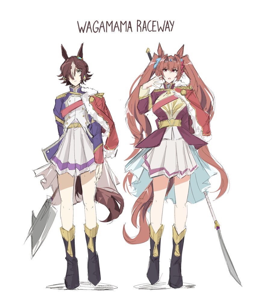 2girls absurdres aiguillette animal_ears axe battle_axe belt blue_jacket breasts brown_eyes brown_hair closed_mouth cosplay daiwa_scarlet_(umamusume) frostfiresoul fur-trimmed_jacket fur_trim hair_between_eyes hair_intakes hair_over_one_eye hanayagi_kaoruko hanayagi_kaoruko_(cosplay) highres holding holding_axe holding_polearm holding_weapon horse_ears horse_girl horse_tail isurugi_futaba isurugi_futaba_(cosplay) jacket jacket_on_shoulders lance large_breasts long_hair long_sleeves looking_at_viewer multicolored_hair multiple_girls naginata open_mouth polearm purple_jacket red_eyes red_sash sash shirt shoujo_kageki_revue_starlight shoulder_sash side-by-side single_stripe skirt striped_clothes striped_skirt tail twintails umamusume very_long_hair vodka_(umamusume) waist_cape weapon white_hair white_shirt white_skirt yellow_belt