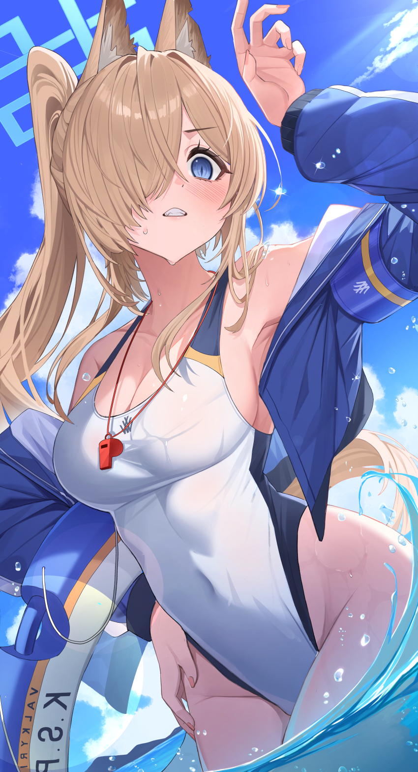 1girl absurdres animal_ears blonde_hair blue_archive blue_eyes blue_halo blue_jacket blush breasts cleavage clenched_teeth competition_swimsuit covered_navel cowboy_shot day dog_ears groin hair_over_one_eye halo highres jacket kanna_(blue_archive) kanna_(swimsuit)_(blue_archive) large_breasts lifebuoy long_hair long_sleeves official_alternate_costume one-piece_swimsuit open_clothes open_jacket outdoors pang-yo ponytail sharp_teeth swim_ring swimsuit teeth water whistle whistle_around_neck white_one-piece_swimsuit