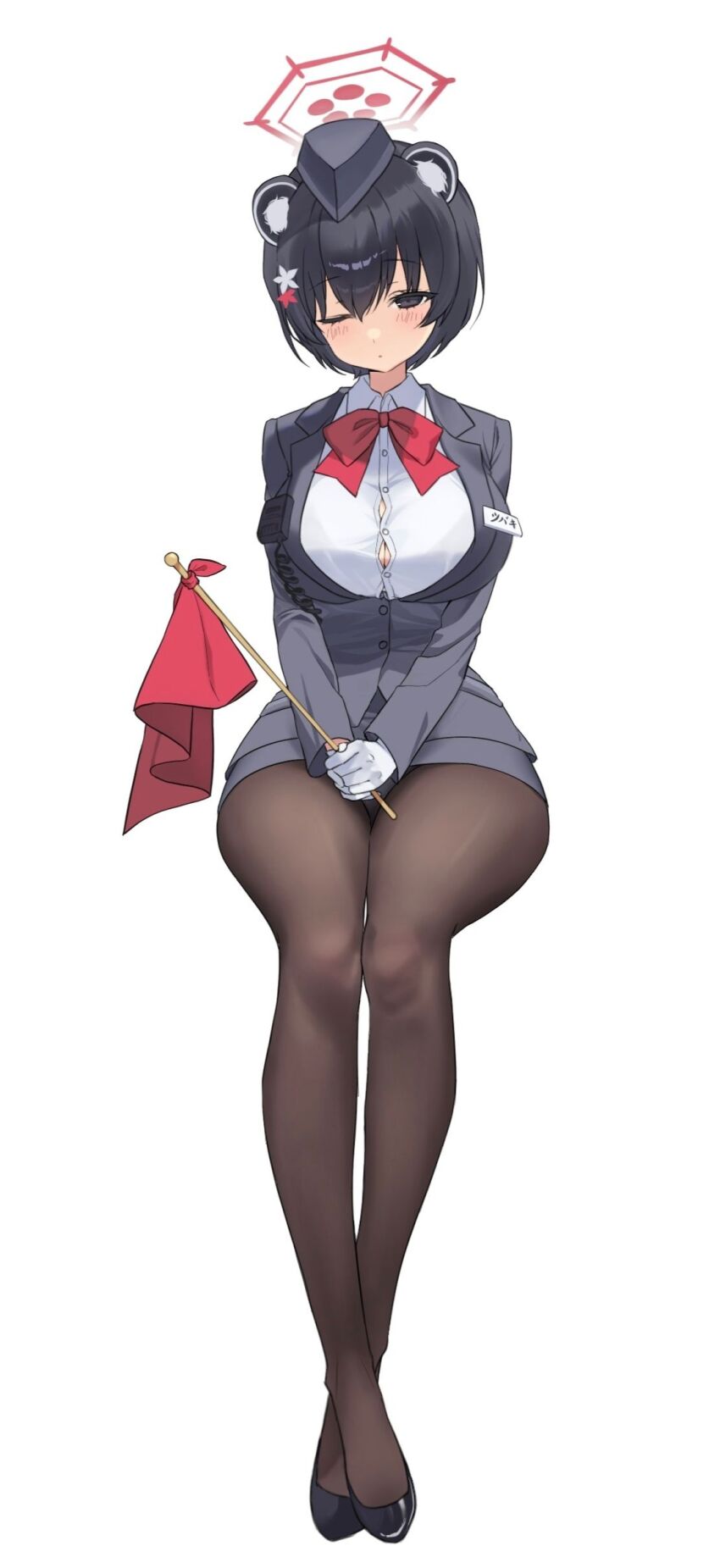 1girl 5uj0 :o absurdres animal_ears black_eyes black_hat black_pantyhose blue_archive blush bow bowtie breasts crossed_legs extra_ears flag flower full_body garrison_cap gloves hair_flower hair_ornament halo hat highres holding holding_flag large_breasts looking_at_viewer official_alternate_costume one_eye_closed open_mouth pantyhose raccoon_ears raccoon_girl red_bow red_bowtie red_flag red_halo shirt simple_background solo tour_guide tsubaki_(blue_archive) tsubaki_(guide)_(blue_archive) white_background white_gloves white_shirt wide_hips
