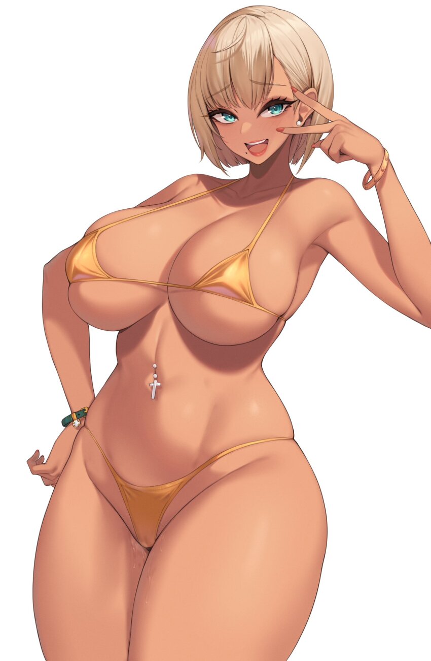 1girl :d aqua_eyes bikini blonde_hair breasts cross_piercing dark-skinned_female dark_skin earrings hand_on_own_hip highres huge_breasts indie_virtual_youtuber jewelry kuavera looking_at_viewer micro_bikini minko_xiv navel navel_piercing open_mouth orange_bikini piercing second-party_source simple_background smile solo standing stomach swimsuit teeth upper_teeth_only v variant_set virtual_youtuber white_background
