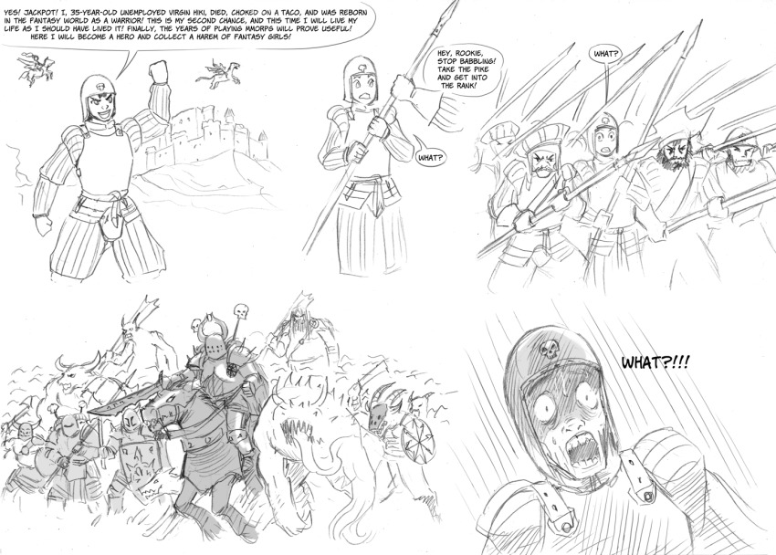 6+boys axe battle_axe castle chaos_(warhammer) club_(weapon) empire_(warhammer_fantasy) english_text fake_horns flick-the-thief flying giant greyscale hat helmet horned_helmet horns horse horseback_riding knight long_tongue male_focus minotaur monochrome monster multiple_boys mutant pegasus pike_(weapon) polearm reincarnation riding scared shield skull_print spear speech_bubble sword tentacles tongue troll war_hammer warhammer warhammer_fantasy warrior weapon