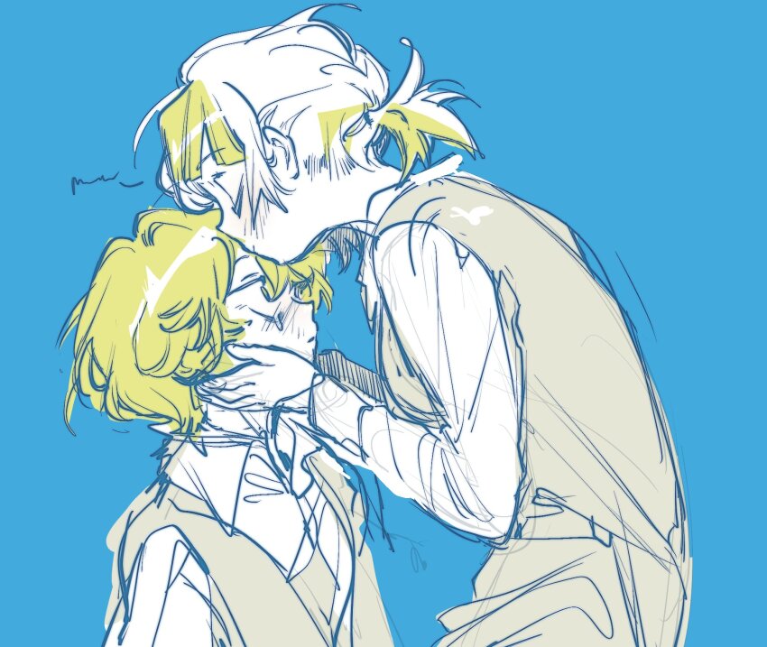 1boy 1girl blonde_hair collared_shirt cowboy_shot hetero highres kampuzu kiss kissing_forehead kromer_(project_moon) limbus_company limited_palette low_ponytail multicolored_hair ponytail project_moon school_uniform shirt short_hair sinclair_(project_moon) streaked_hair sweater_vest white_hair white_shirt wide-eyed yellow_eyes