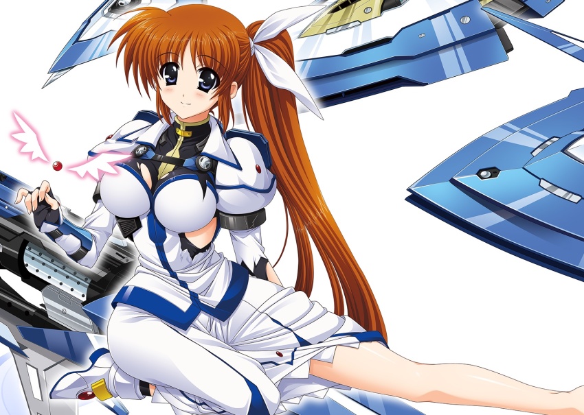1girl black_gloves blue_eyes blush boots breasts brown_hair collared_shirt commentary fingerless_gloves foot_out_of_frame gloves hair_ribbon higa_yukari highres large_breasts long_hair long_sleeves looking_at_viewer lyrical_nanoha mahou_senki_lyrical_nanoha_force raising_heart ribbon shield shirt side_ponytail sitting skirt solo takamachi_nanoha torn_clothes torn_shirt very_long_hair weapon white_boots white_ribbon white_shirt white_skirt
