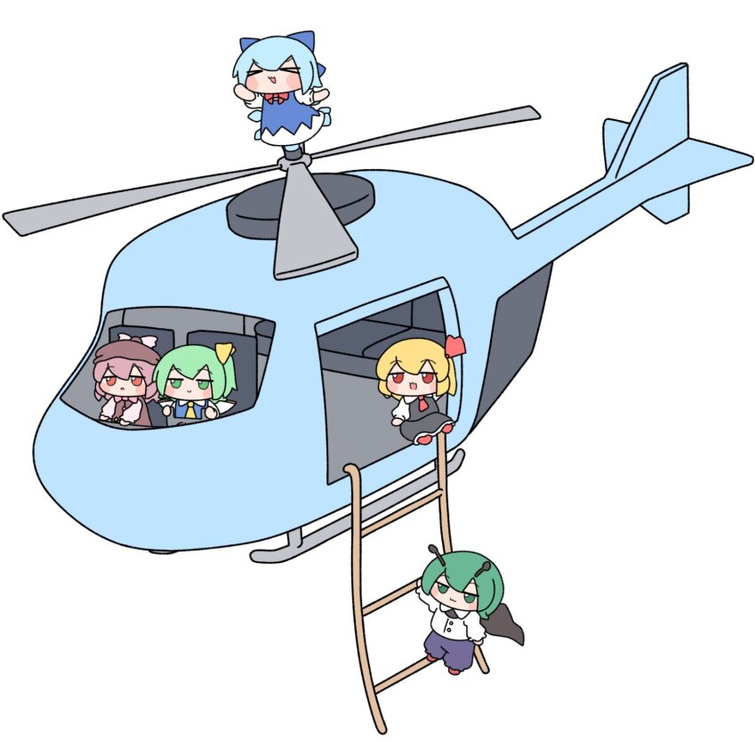 &gt;_&lt; 5girls :d aircraft animal_ears antennae ascot bird_ears bird_wings black_vest blonde_hair blue_bow blue_dress blue_hair blush bow brown_dress cape cirno closed_eyes daiyousei detached_wings dress fairy fairy_wings green_eyes green_hair hair_bow hair_ribbon hat helicopter highres ice ice_wings long_sleeves multiple_girls mystia_lorelei open_mouth pants piloting pinafore_dress pink_hair puffy_short_sleeves puffy_sleeves red_ascot red_eyes red_ribbon ribbon rumia shirt short_hair short_sleeves side_ponytail skirt skirt_set sleeveless sleeveless_dress smile team_9_(touhou) touhou vest white_shirt winged_hat wings wriggle_nightbug xd y75zei yellow_ascot yellow_bow