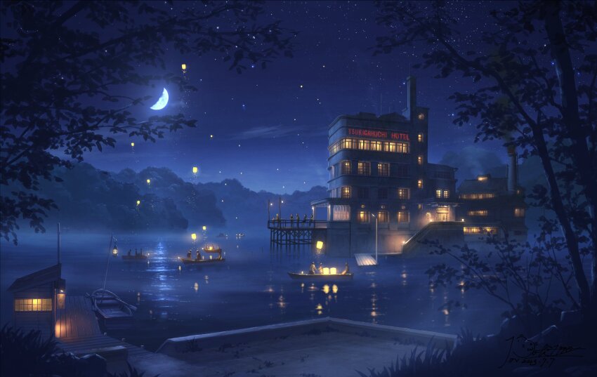 boat branch building chimney cloud grass half_moon highres hotel lamp lantern moon night night_sky original paper_lantern people pier pochi_(poti1990) reflection scenery signature sky sky_lantern smoke star_(sky) tanabata water watercraft